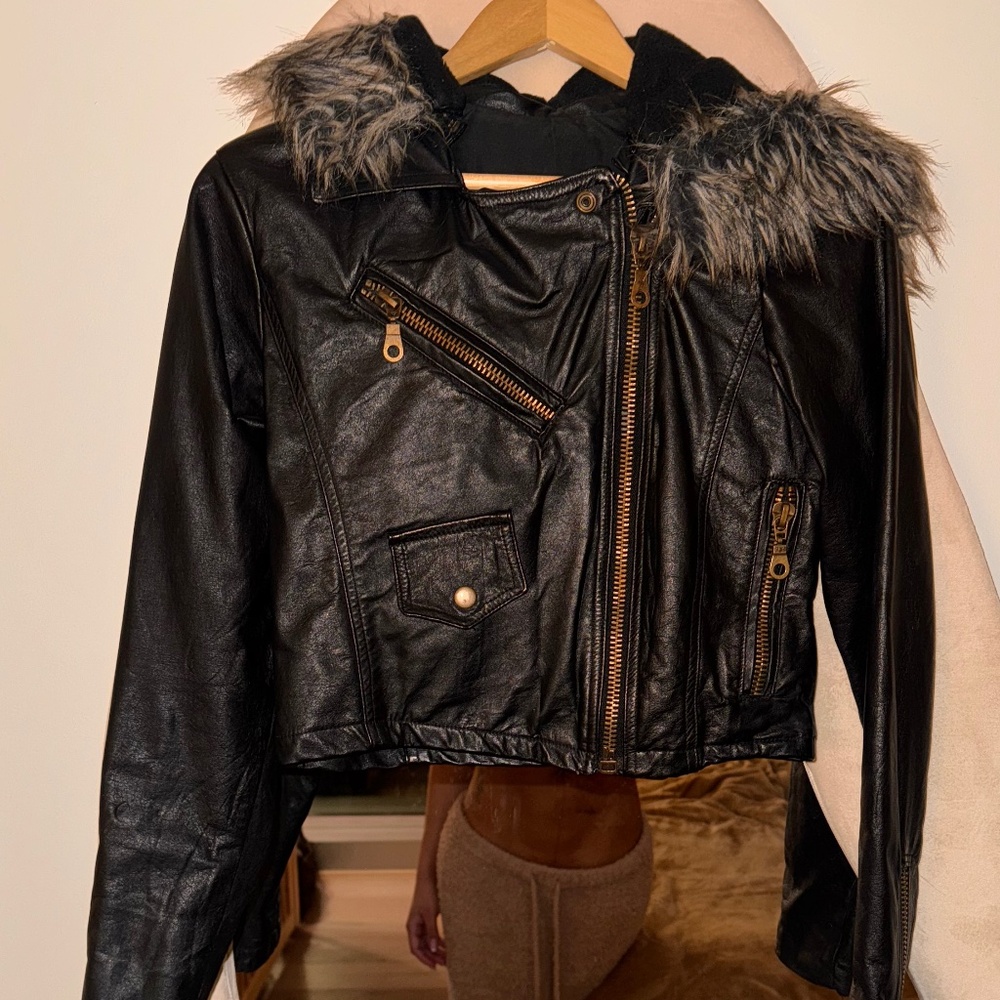 Cropped Real Leather Biker Jacket with Faux Fur Hood – Custom Made
